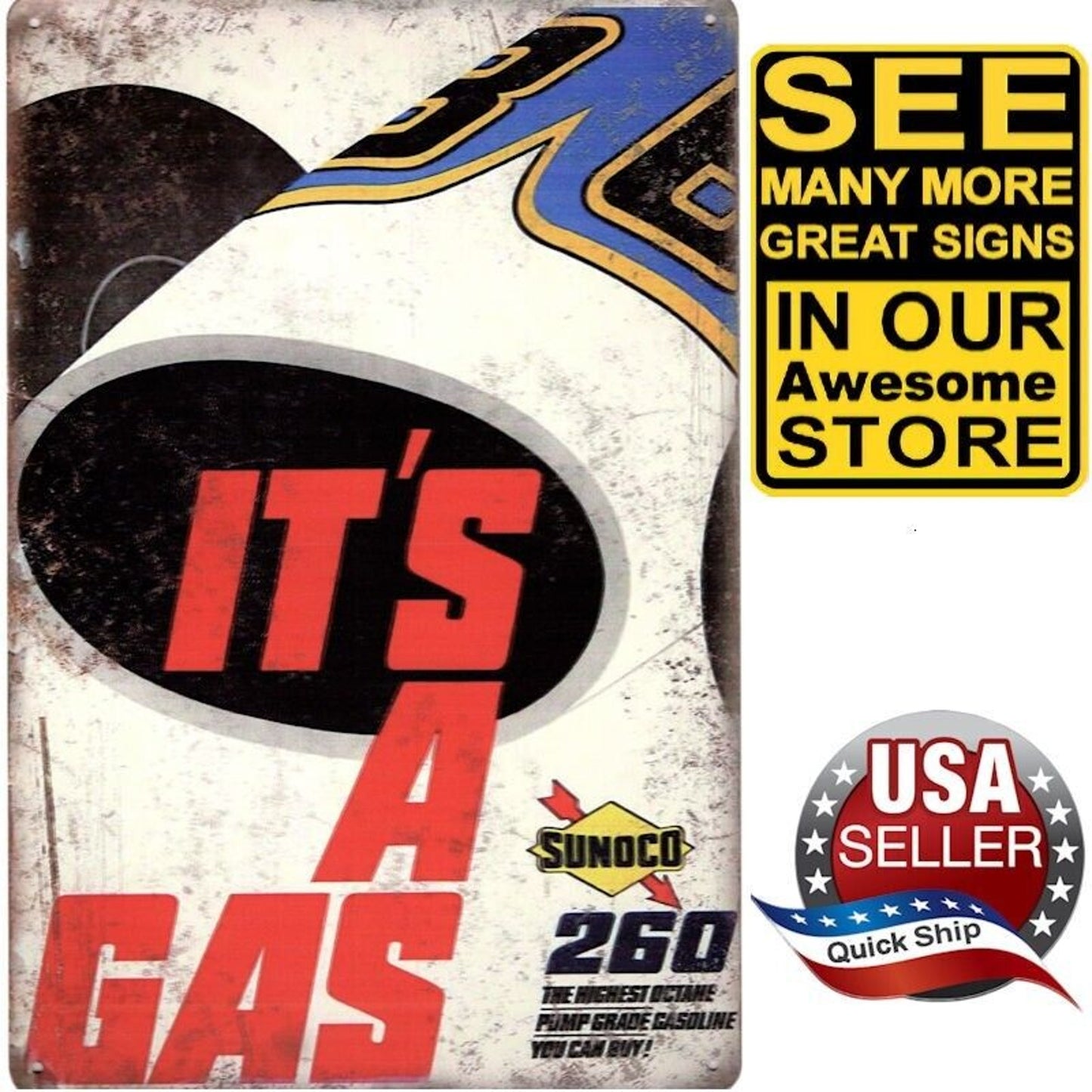Tin Petroliana Sign • Sunoco 260 •Highest Octane Pump Grade Gasoline You Can Buy