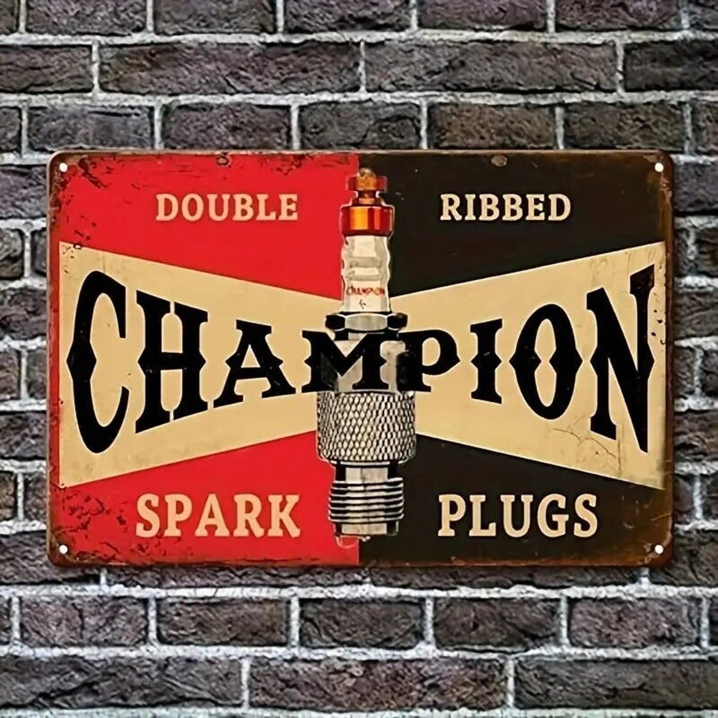 Retro Metal Tin Sign • Petroliana • Champion Spark Plugs • Double Ribbed • 8x12