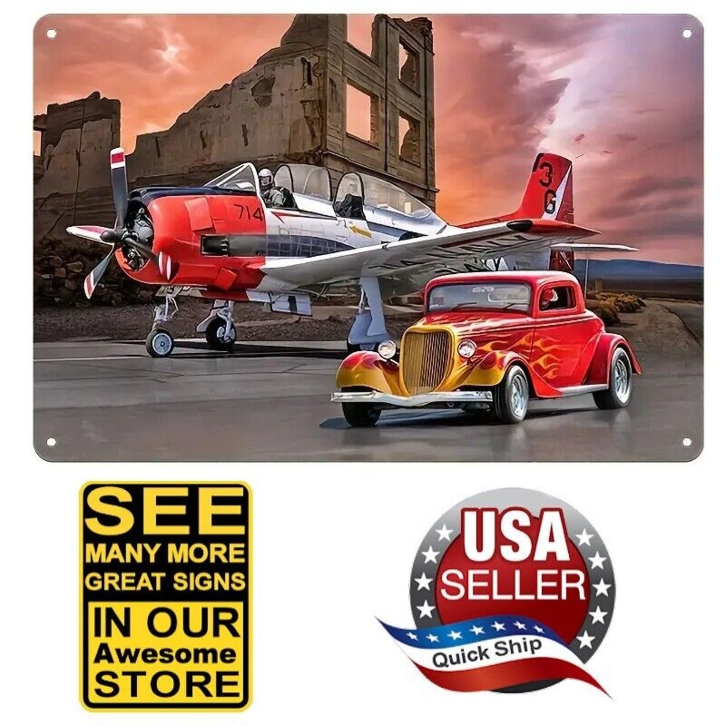 Tin Metal Sign • 1934 Ford 3-Window Hot Rod & Navy Fighter Plane • T-28 Trojan