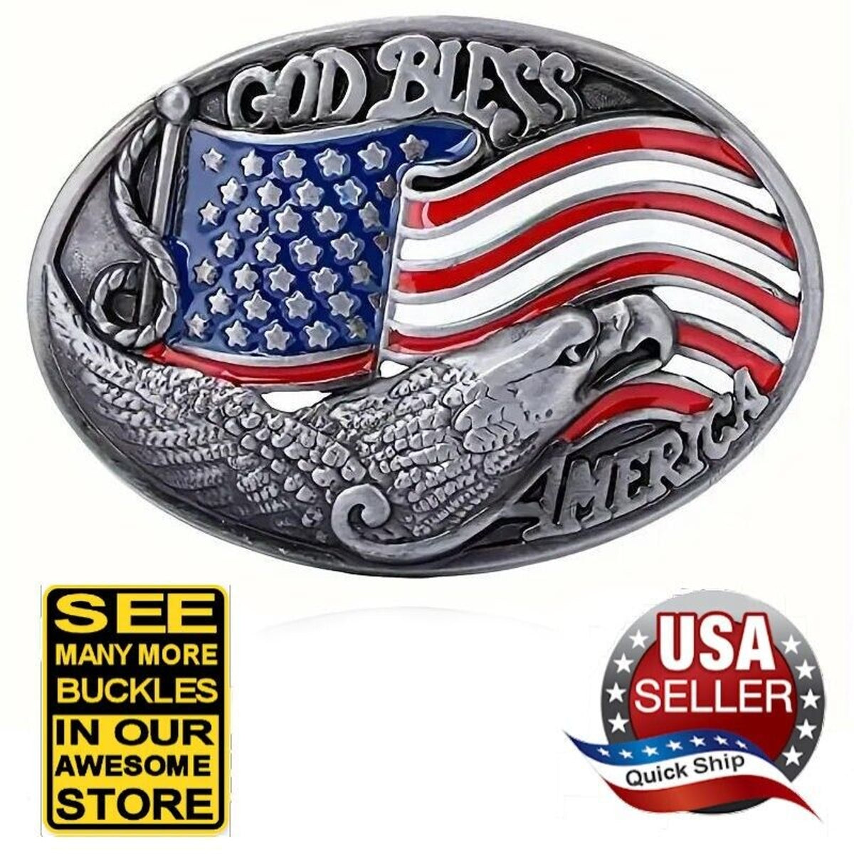 ‘God Bless America’ Eagle Sivertone Belt Buckle • Red White Blue American Flag