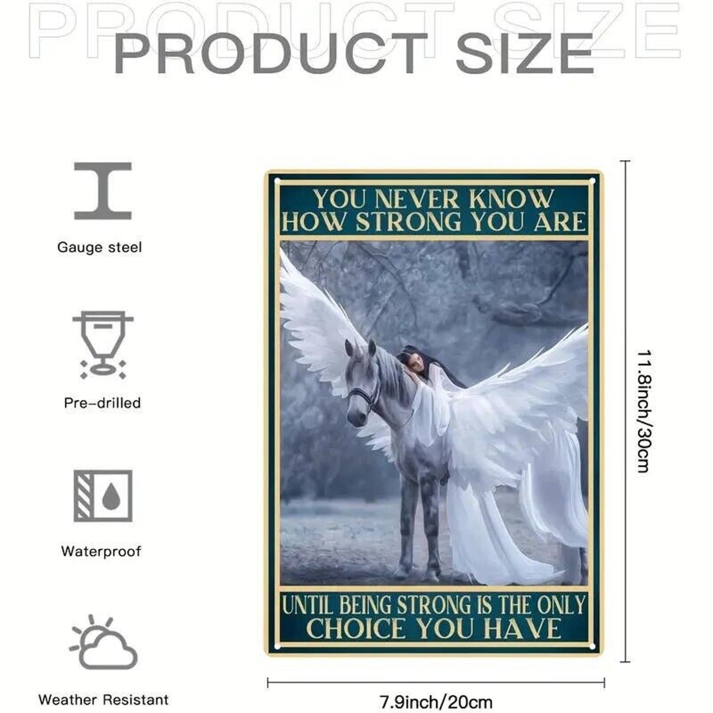 Tin Sign •You Never Know How Strong You Are •Lady in White Gown on Pegasus •8x12