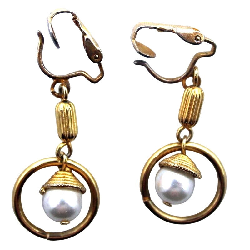 Vintage Gold Tone Dangle Circle Faux Pearl Earrings • Clip On