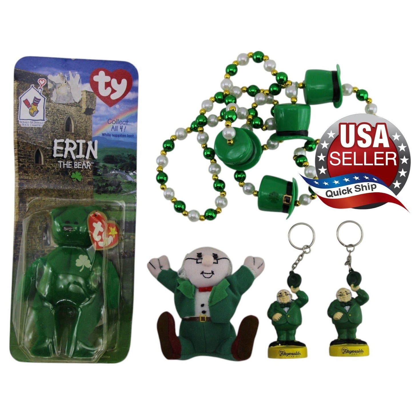 St. Patrick’s 5pc Lot •Fitzgerald’s Casino •Erin The Bear •Hat & Bead Necklace +