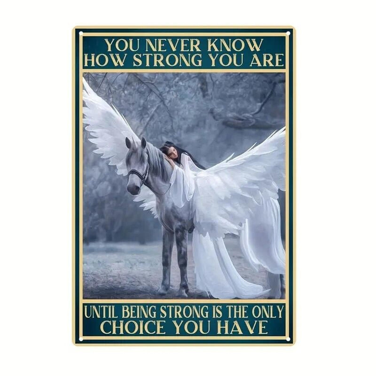 Tin Sign •You Never Know How Strong You Are •Lady in White Gown on Pegasus •8x12