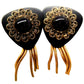 Funky 70s Black Goldstone Earrings • Goldtone Swirls Tassels • 2" Long