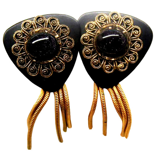 Funky 70s Black Goldstone Earrings • Goldtone Swirls Tassels • 2" Long