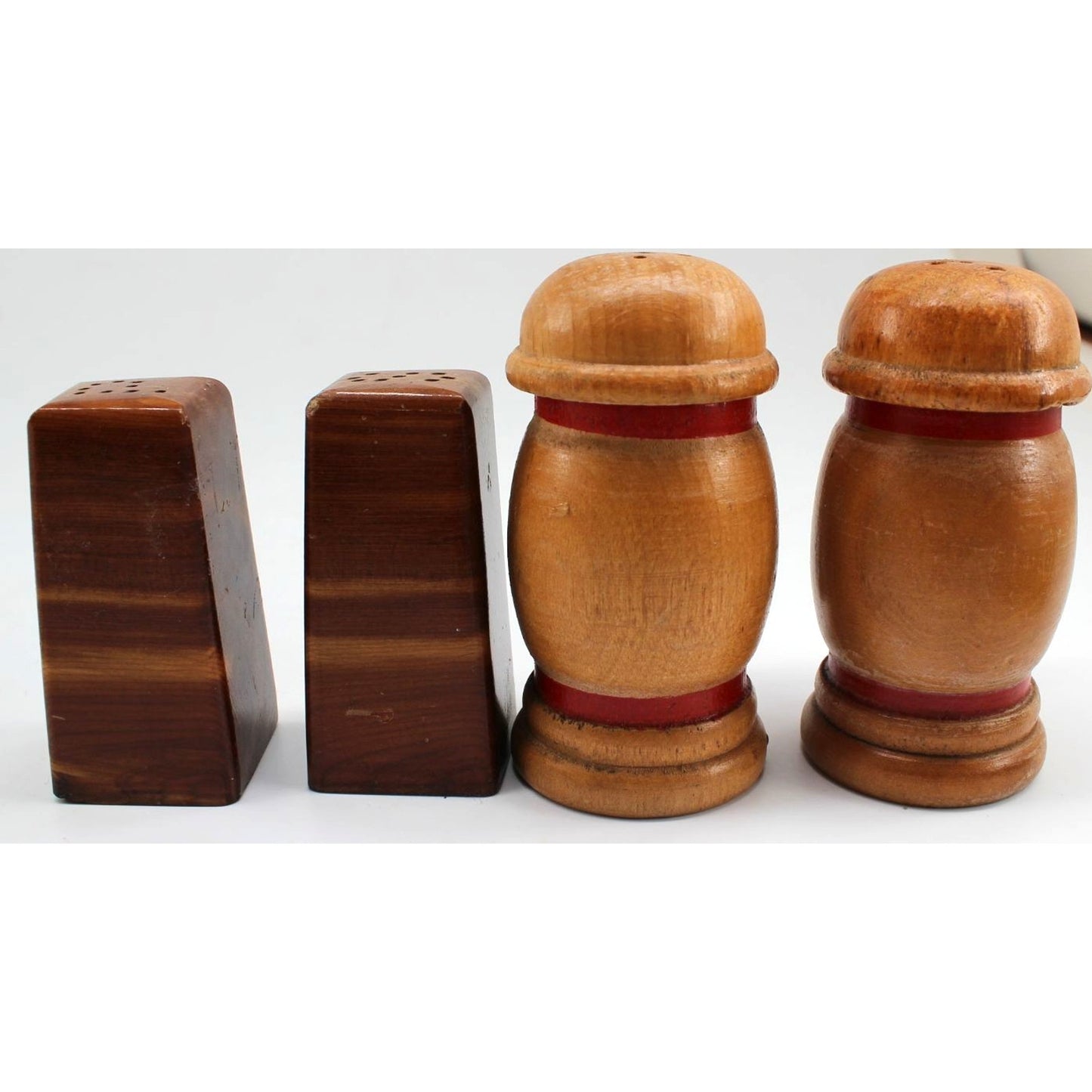 Lot 2 Two Vintage Salt Pepper Shakers Round Wood Handles S P Red Trim