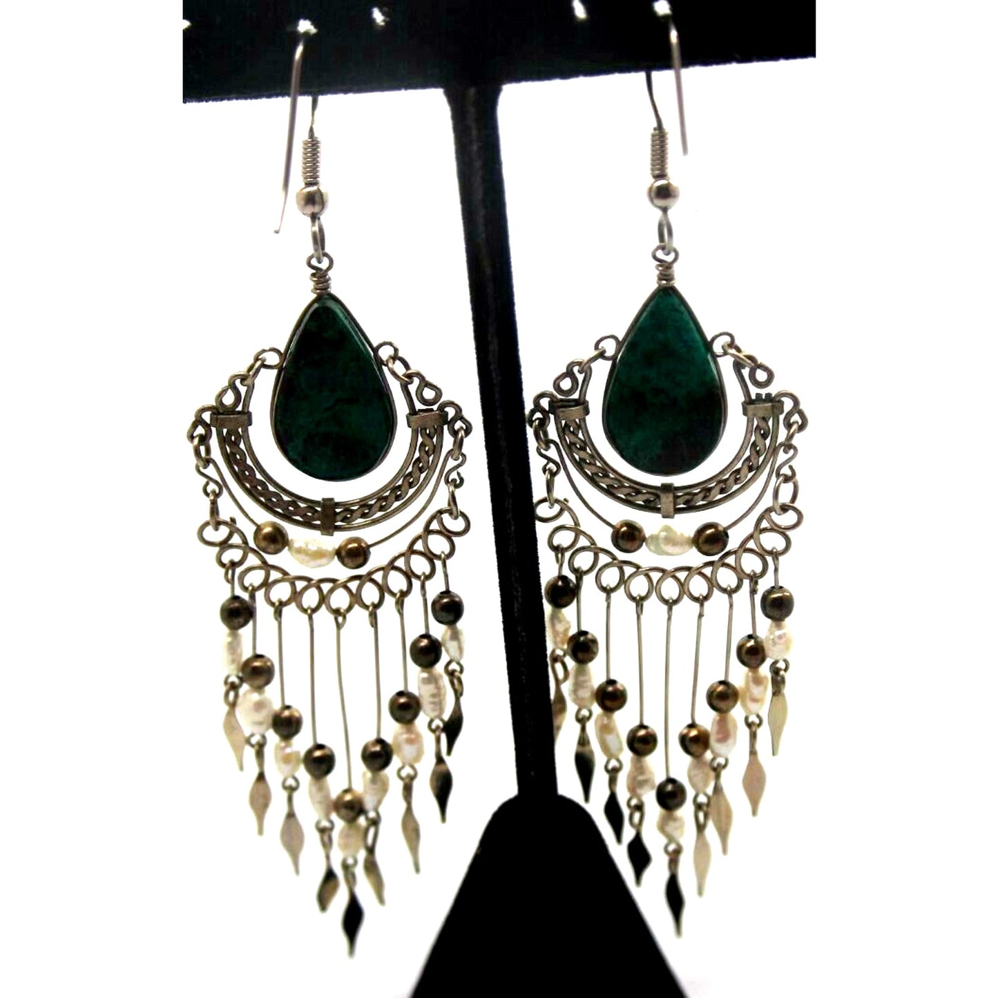 Freshwater Pearl Malachite Dangle Earrings Aqua White Etched Silvertone 3-1/2"