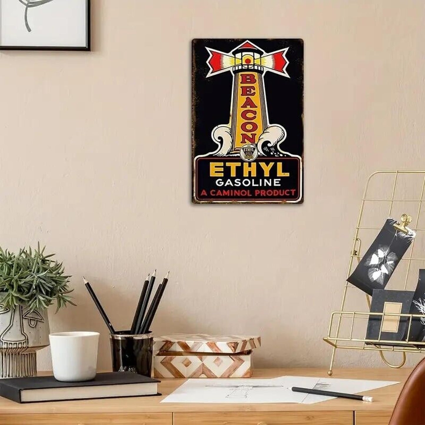 Retro Tin Sign •Petroliana •Beacon Ethyl Gasoline •A Caminol Product •Lighthouse