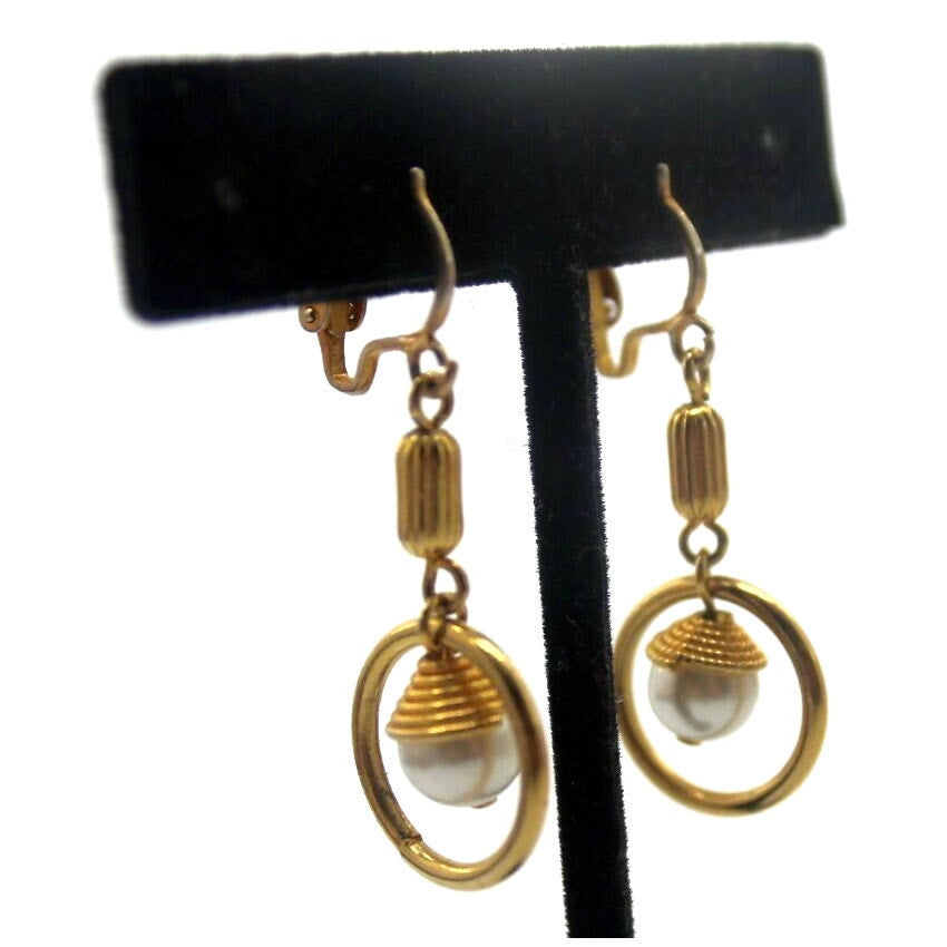 Vintage Gold Tone Dangle Circle Faux Pearl Earrings • Clip On