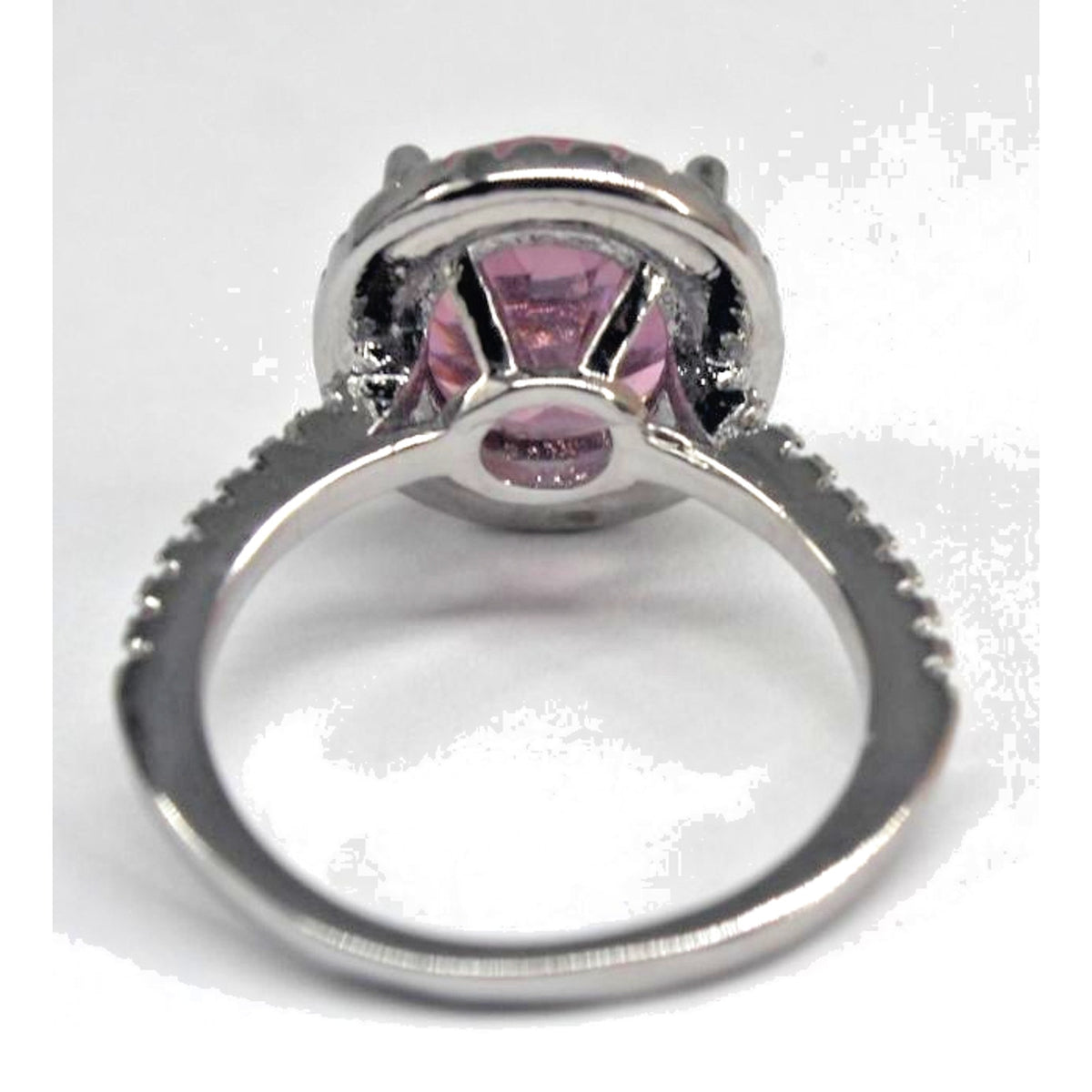 Sparkling Pink Glass Ring Surrounded by Tiny Prong Set Crystals • Silvertone Sz 6