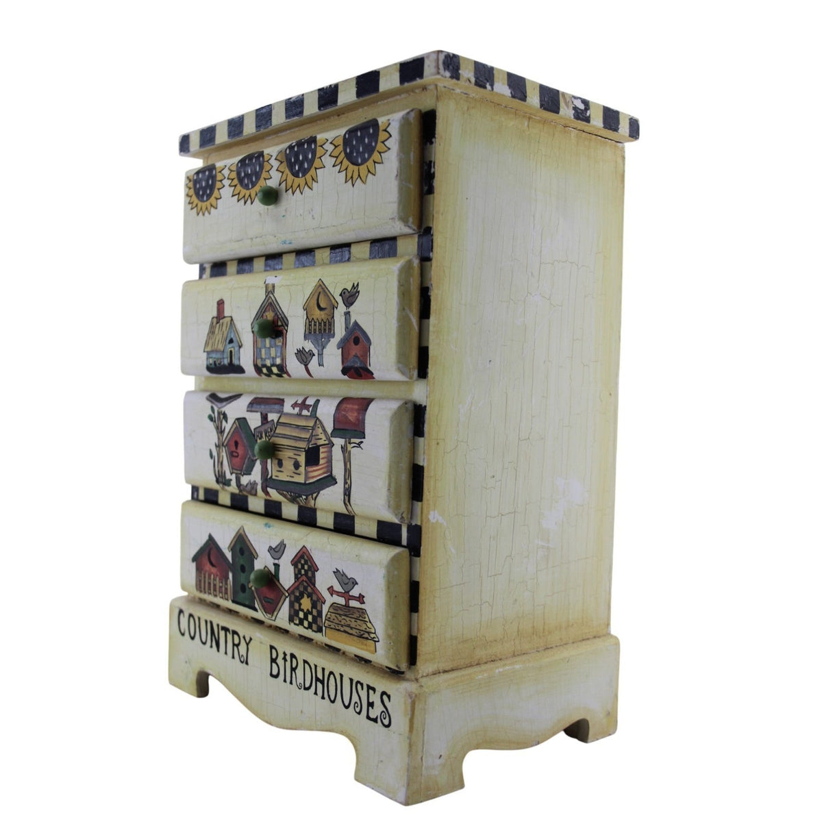 VTG Folk Art Mini 4 Drawer Wood Chest •Handmade & Painted •Birdhouses Sunflowers