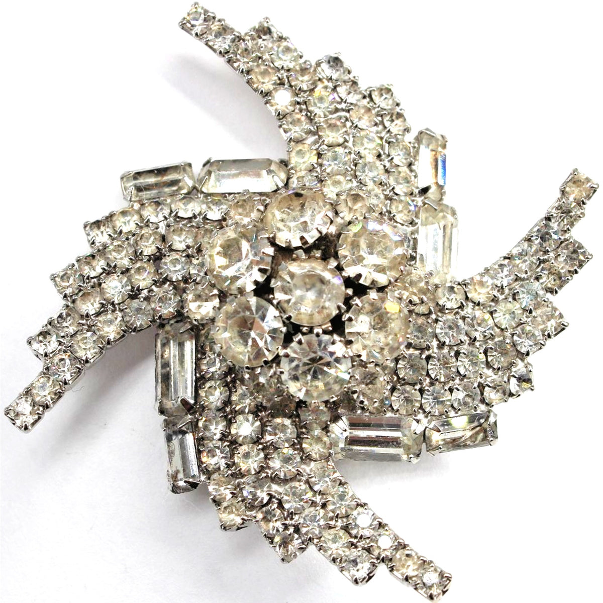 Huge Vtg 3" Tiered Clear Rhinestone Swirl Cluster Baguette Round Swirl Brooch