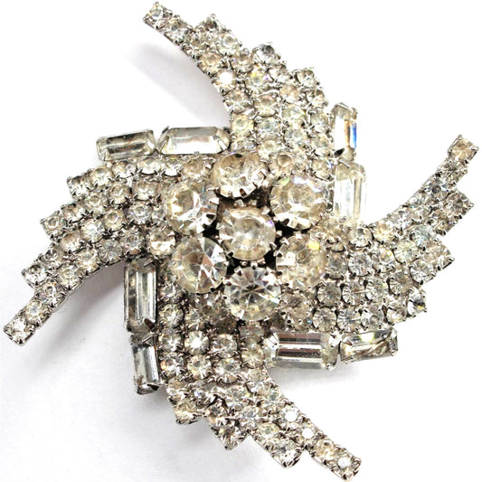 Huge Vtg 3" Tiered Clear Rhinestone Swirl Cluster Baguette Round Swirl Brooch