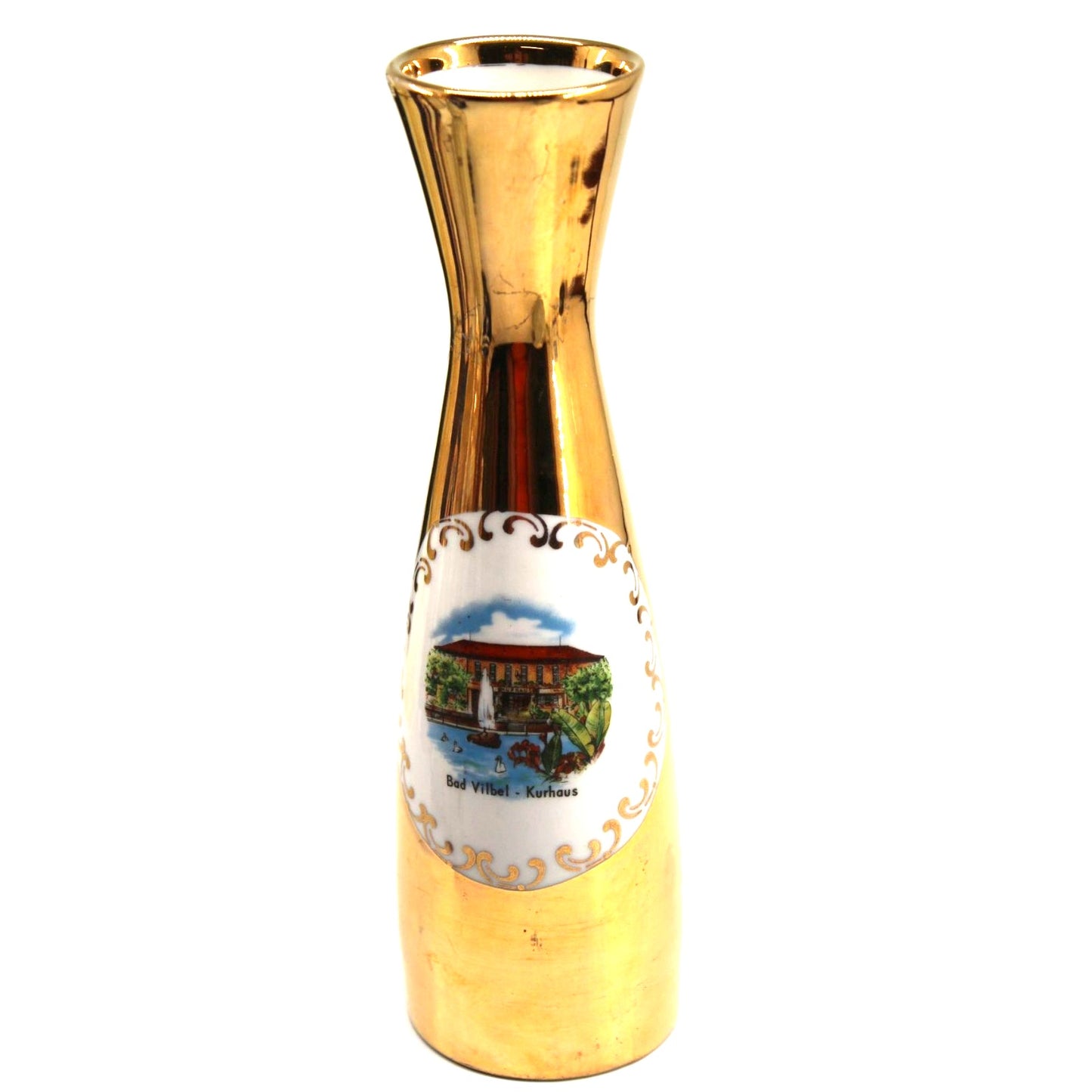 Stunning 24K Gold Painted Bad Vilbel Kurhaus Flower Vase 8" Tall Building Boat
