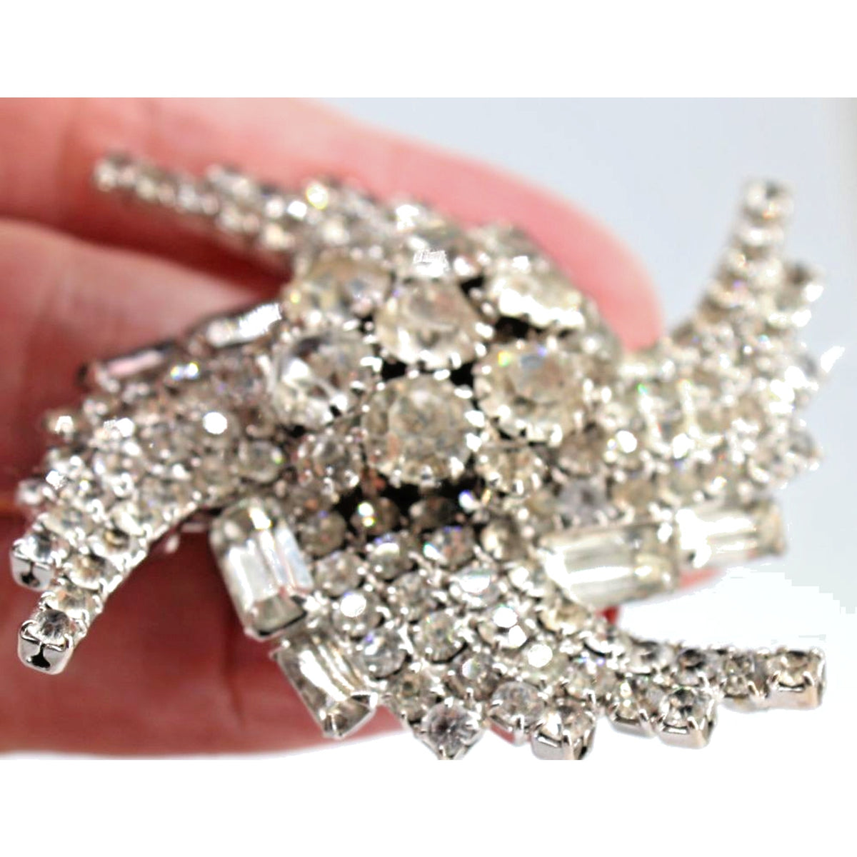 Huge Vtg 3" Tiered Clear Rhinestone Swirl Cluster Baguette Round Swirl Brooch