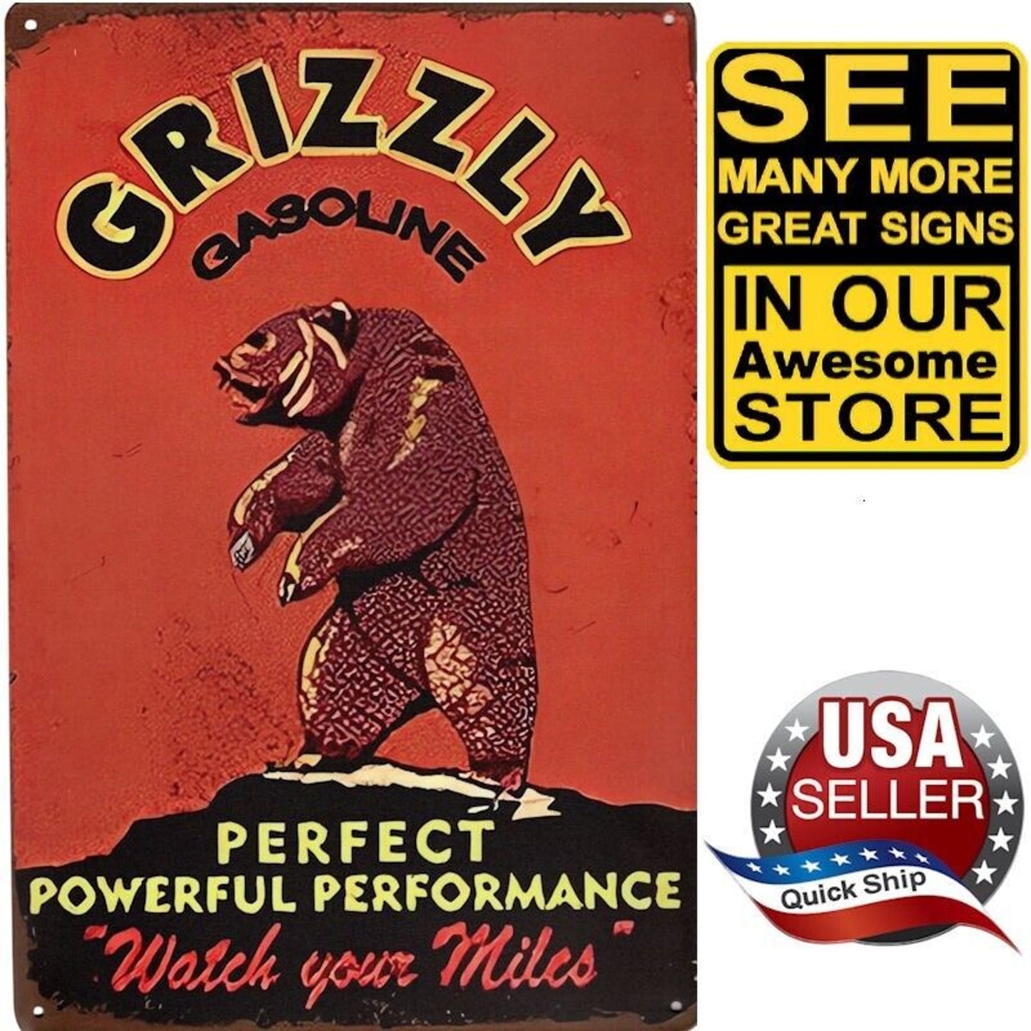 Metal Tin Petroliana Sign • Grizzly Gasoline • "Perfect Powerful Performance"