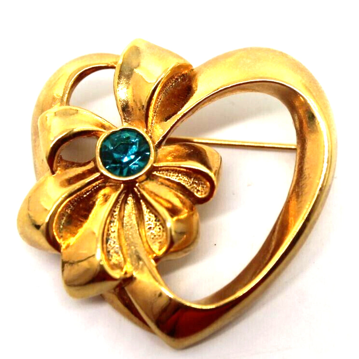 Avon Faux Green Emerald Heart Bow Brooch Pin • Gold Tone