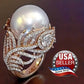 Giant Faux White Pearl Ring • Rhinestone Studded Rose Gold Tone Design • Size 8