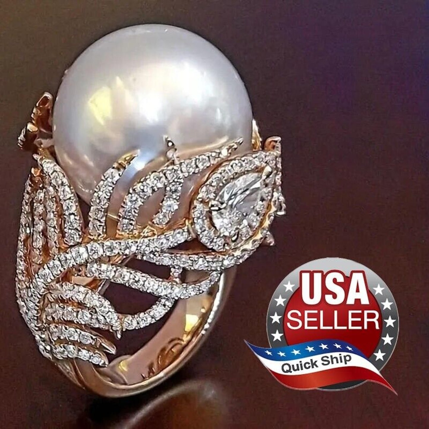 Giant Faux White Pearl Ring • Rhinestone Studded Rose Gold Tone Design • Size 8