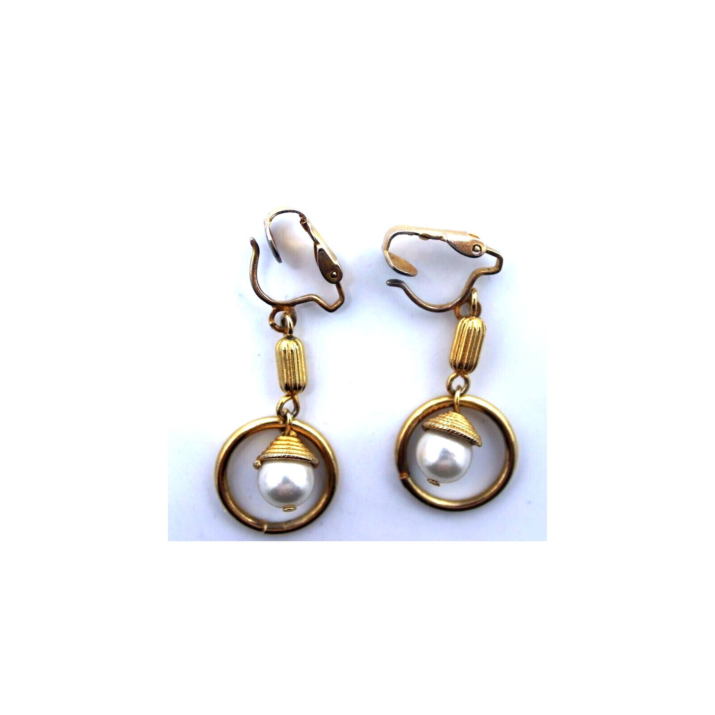 Vintage Gold Tone Dangle Circle Faux Pearl Earrings • Clip On