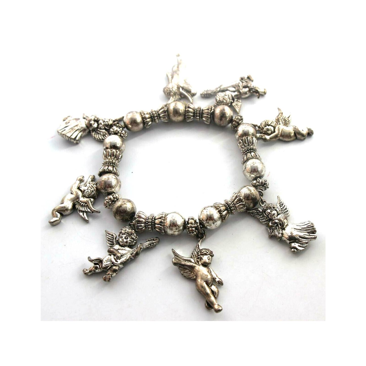 Silver Tone Angel Charm Bracelet Cupid Wings Music Balls Stretch