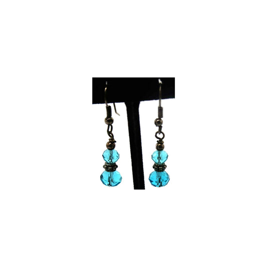 Aqua Blue Double Crystal Drop Earrings • 1" Long • Hook • Silvertone Setting