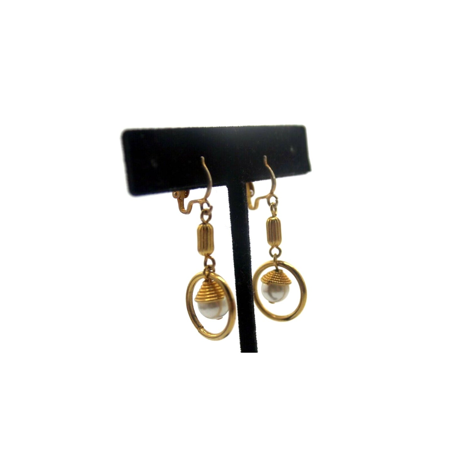 Vintage Gold Tone Dangle Circle Faux Pearl Earrings • Clip On