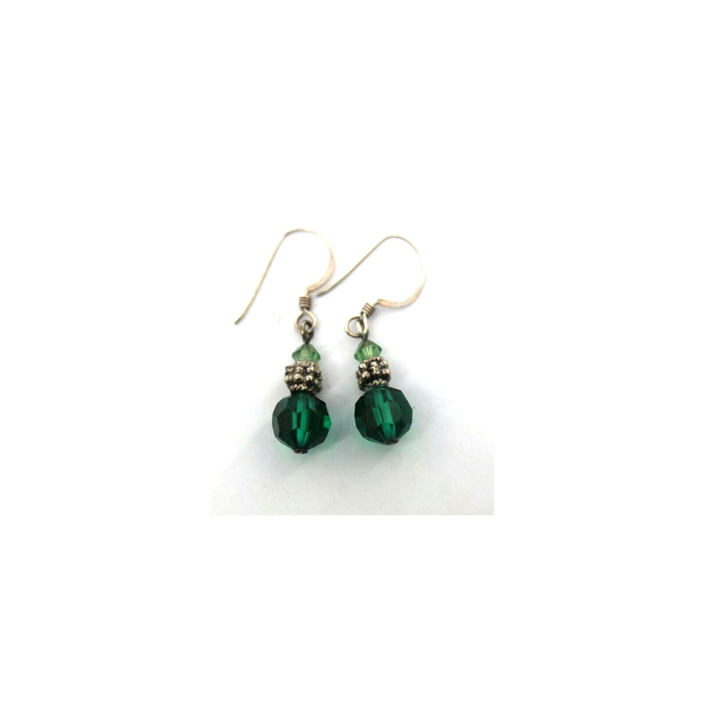 Vintage Emerald Green Crystal Ball Earrings • Bead • Silvertone 1-1/4" Drop