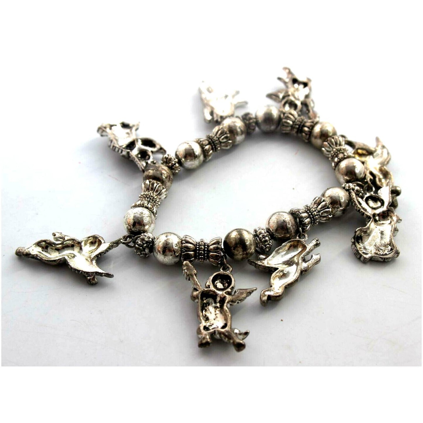 Silver Tone Angel Charm Bracelet Cupid Wings Music Balls Stretch