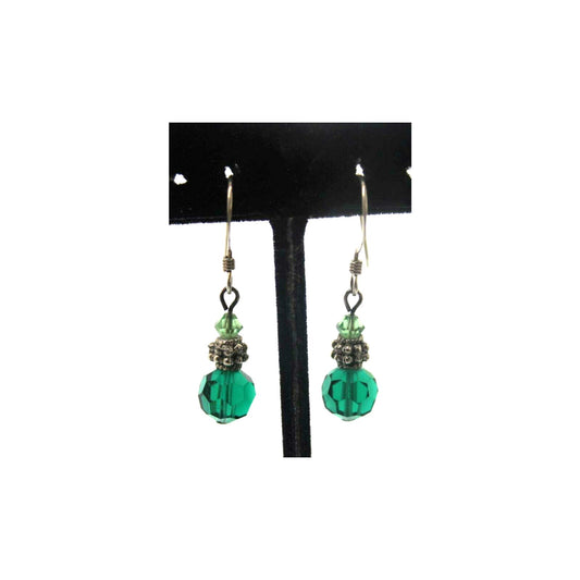 Vintage Emerald Green Crystal Ball Earrings • Bead • Silvertone 1-1/4" Drop