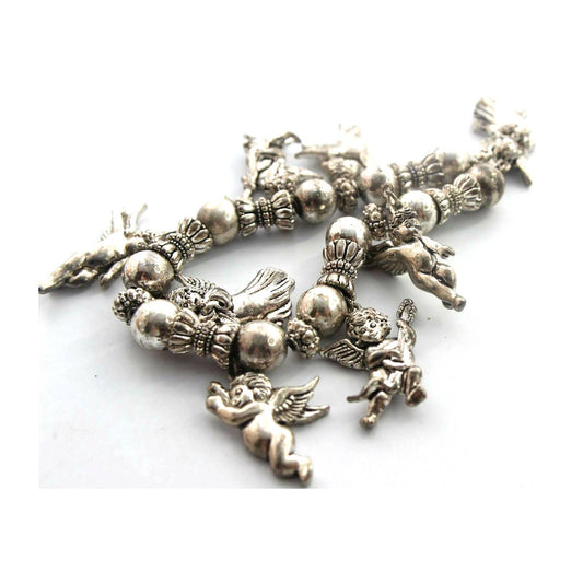 Silver Tone Angel Charm Bracelet Cupid Wings Music Balls Stretch