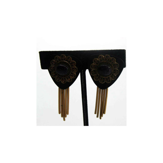 Funky 70s Black Goldstone Earrings • Goldtone Swirls Tassels • 2" Long • Pierced