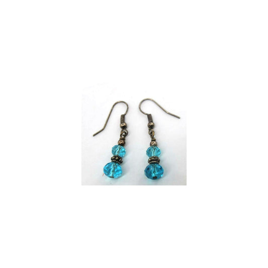 Aqua Blue Double Crystal Drop Earrings • 1" Long • Hook • Silvertone Setting