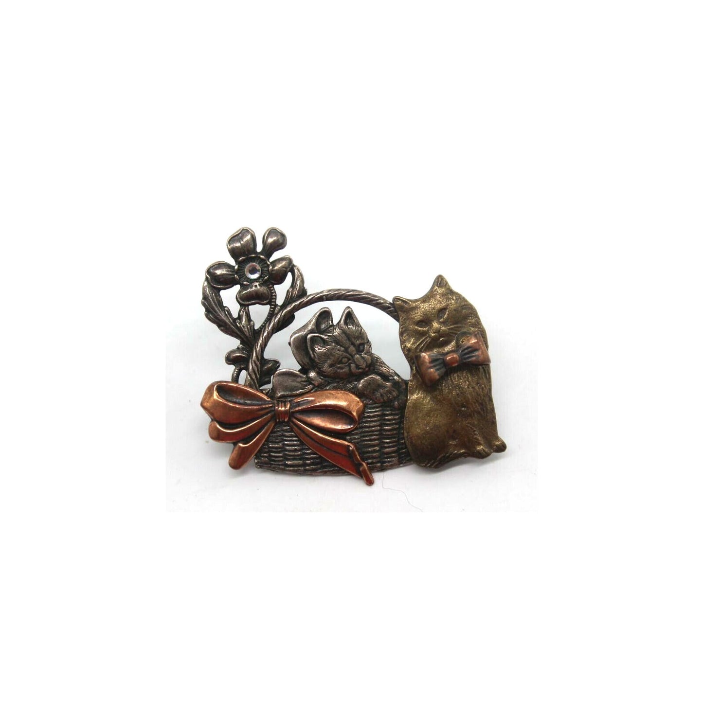 KC Kenneth Cole Cats Kitten Brooch Pin Rhinestone Flower Accent Bow Basket