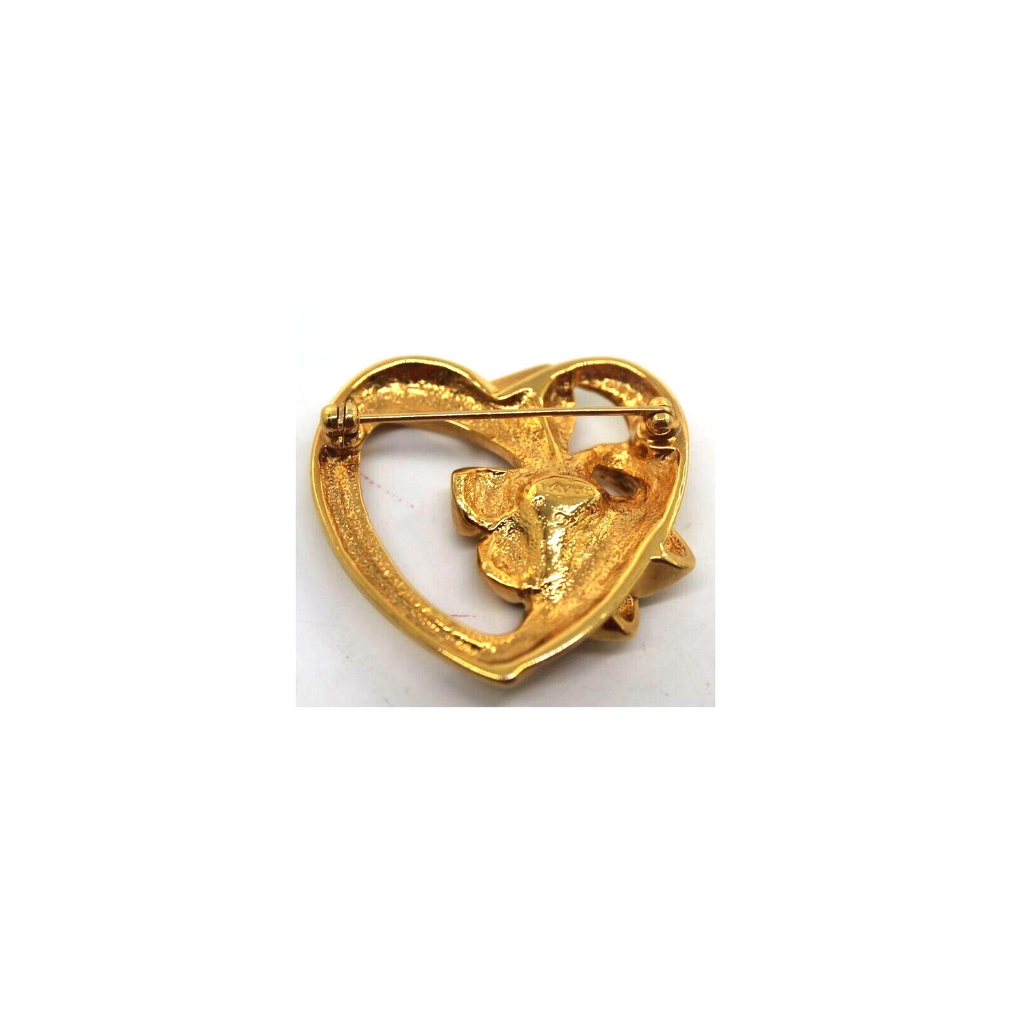 Avon Faux Green Emerald Heart Bow Brooch Pin • Gold Tone