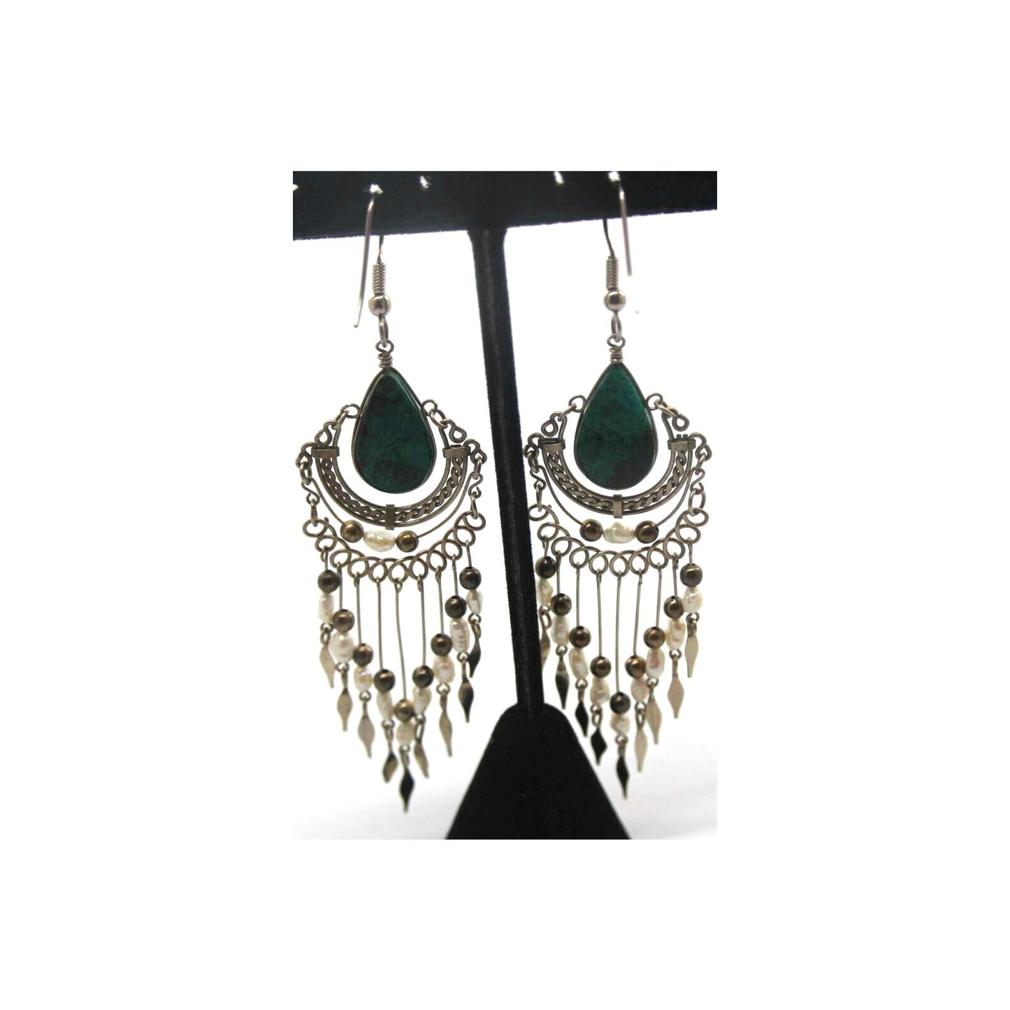 Freshwater Pearl Malachite Dangle Earrings Aqua White Etched Silvertone 3-1/2"