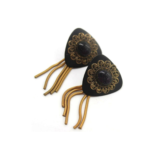 Funky 70s Black Goldstone Earrings • Goldtone Swirls Tassels • 2" Long • Pierced