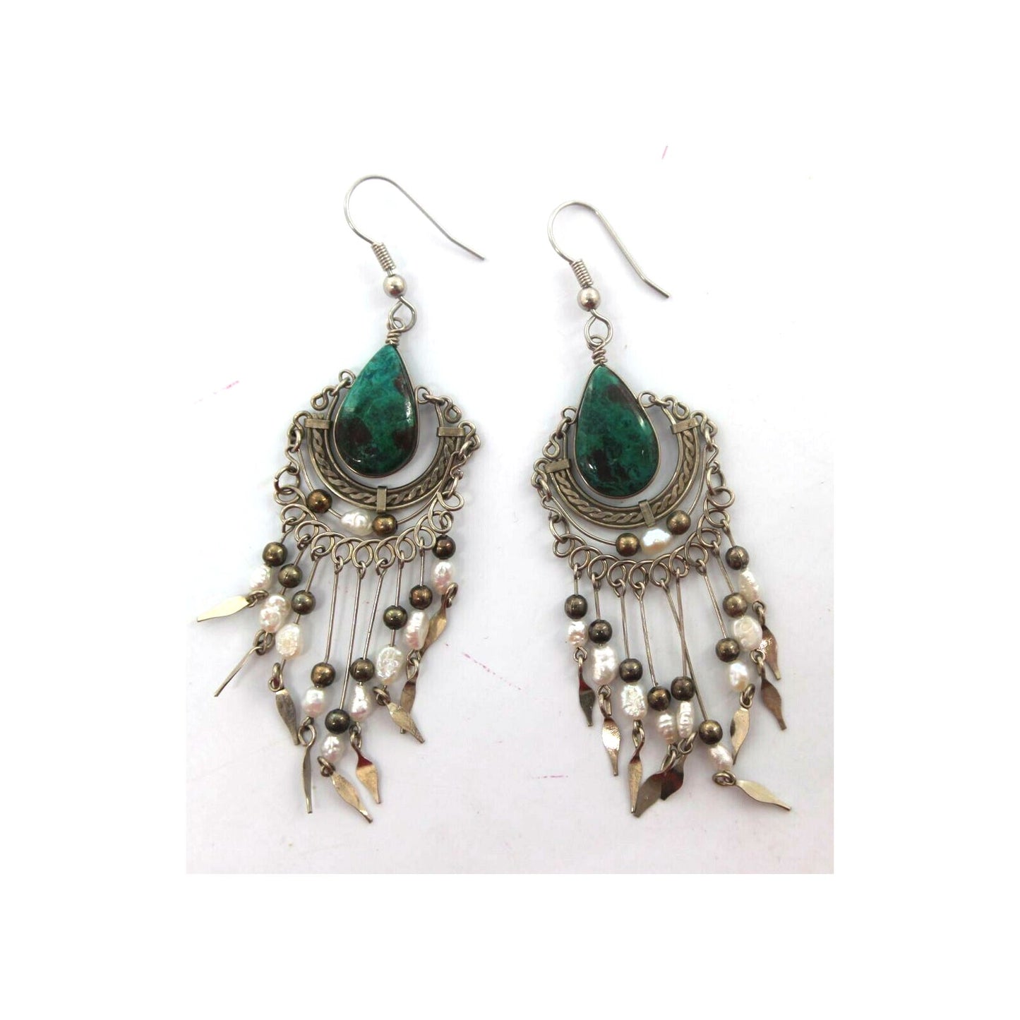 Freshwater Pearl Malachite Dangle Earrings Aqua White Etched Silvertone 3-1/2"