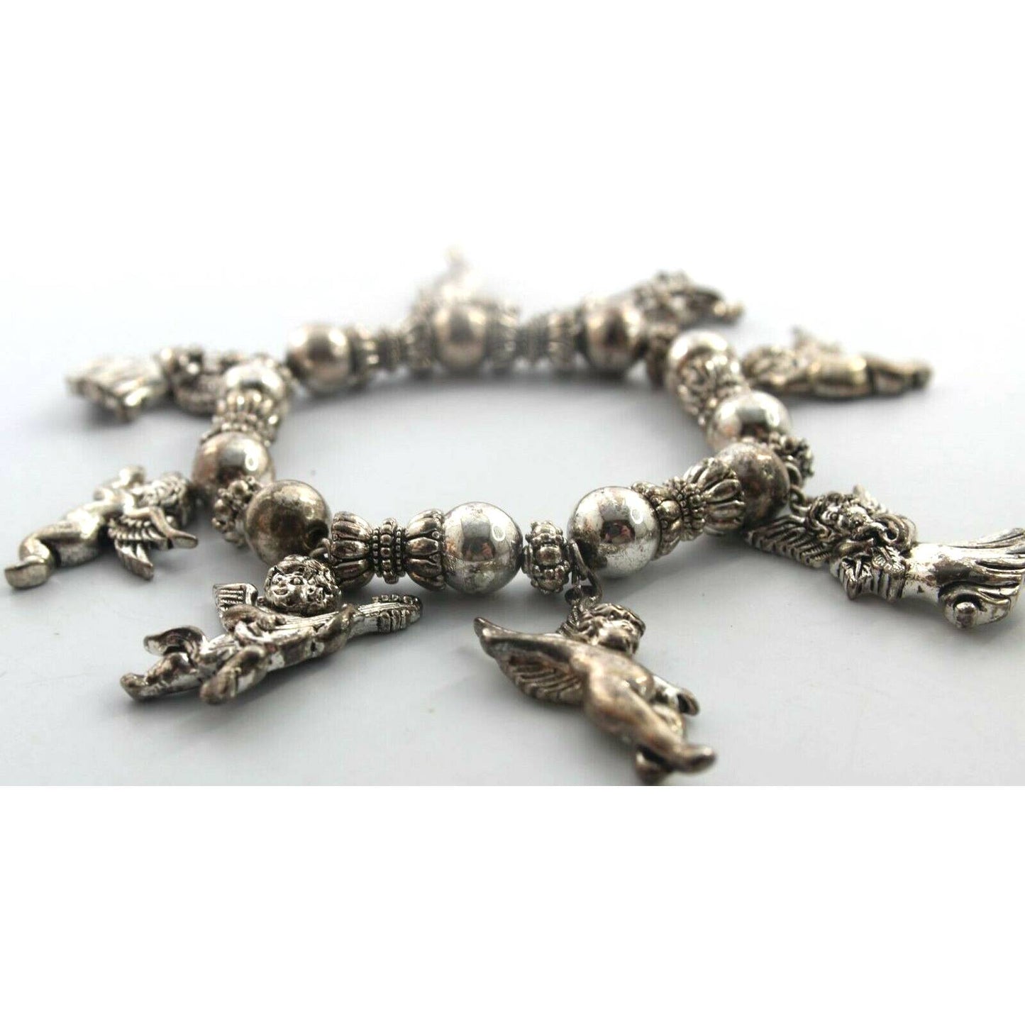 Silver Tone Angel Charm Bracelet Cupid Wings Music Balls Stretch